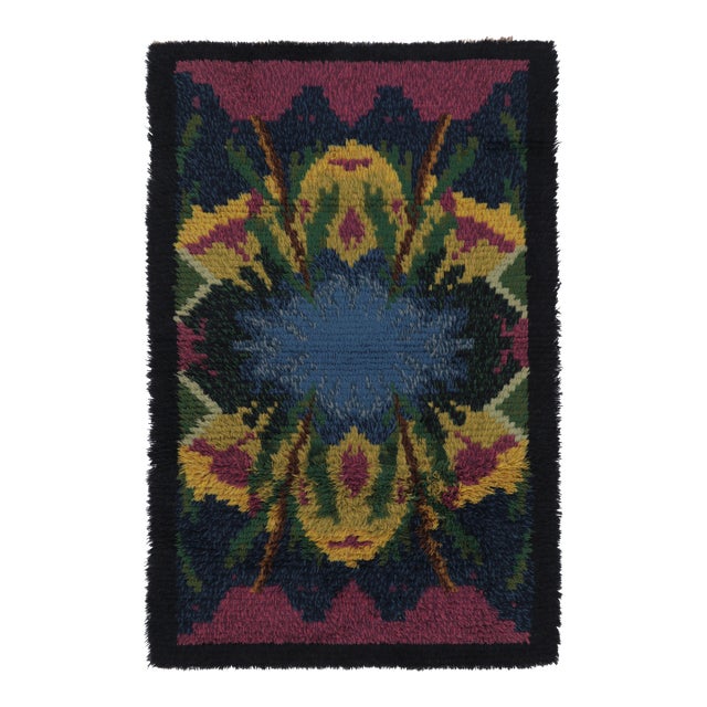 Vintage Swedish Rya Rug, Deep Indigo With Maximalist Abstract - Rug & Kilim For Sale