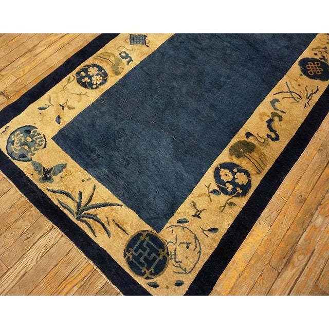 1920s Antique Blue Open Field Geometric Chinese Peking Handknotted Runner Rug For Sale - Image 4 of 9