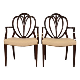 Baker Furniture Style Georgian Carved Mahogany Shield Back Armchairs, Pair For Sale