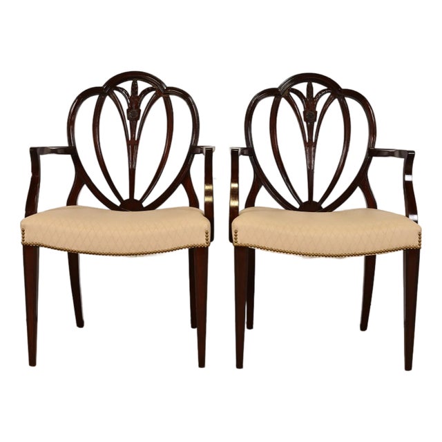 Baker Furniture Style Georgian Carved Mahogany Shield Back Armchairs, Pair For Sale
