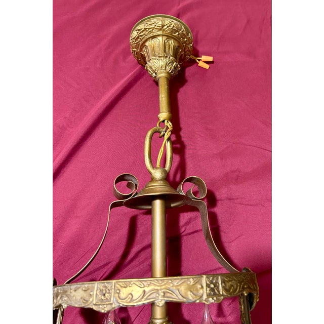 1800’s Gilded Bronze French Cylinder Lantern, Indoor or Outdoor Adorned With Lion’s Heads, Leaves and Scroll Work, Original “Seeded” Glass Inserts For Sale - Image 9 of 12