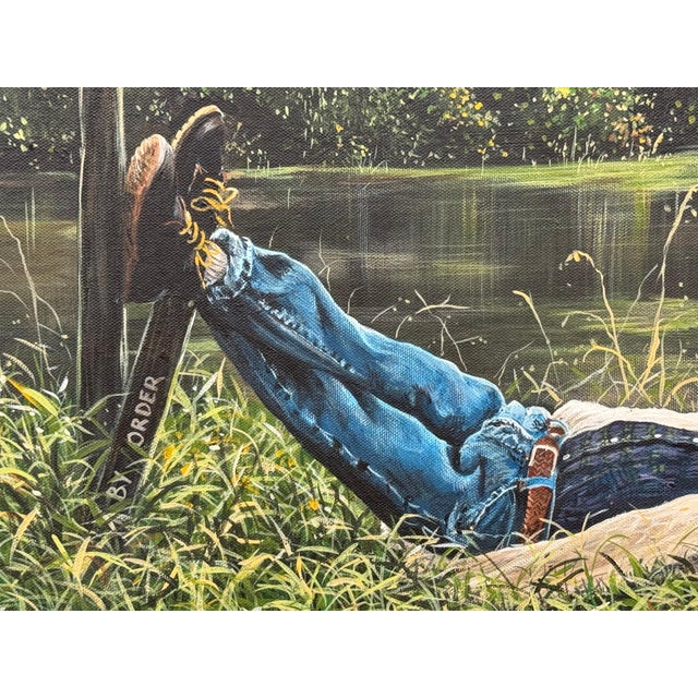 Textile Young Boy Fishing by a Beautiful Riverside in Lush Green English Countryside 1995 For Sale - Image 7 of 18