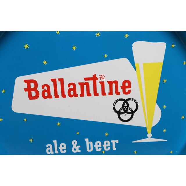 Metal Vintage High Gloss Blue Enameled Metal Double-Sided Ballantine Beer Tray For Sale - Image 7 of 17