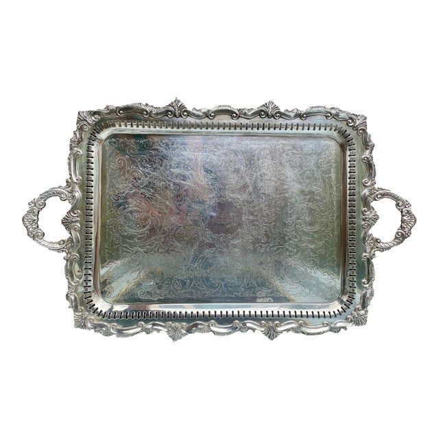 Mid 20th Century Birmingham Large Footed Silver Plate Serving Tray Etched Reticulated Raised Edge For Sale