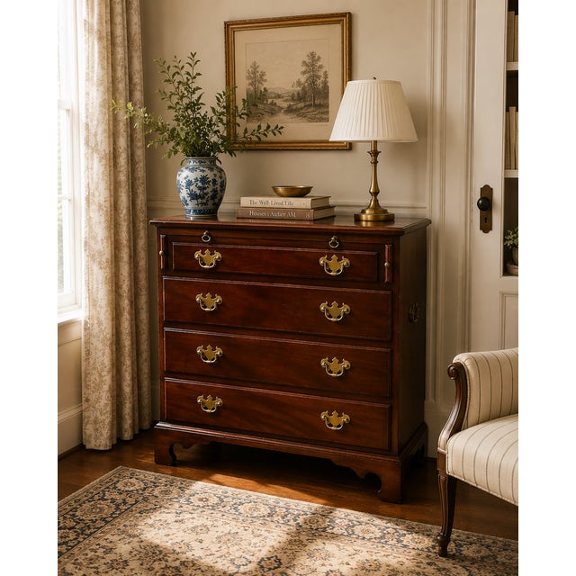 A Chippendale style chest of drawers that can also be used as a nightstand. It has a pull-out tray on top of the first...