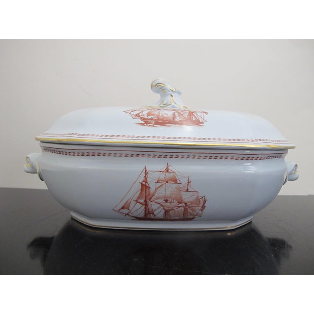 Traditional Spode Copeland Red Gold Trim Ship Trade Winds 11 1/8" Covered Vegetable Tureen For Sale - Image 3 of 12