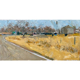 Crook Colorado by Clyde Steadman | Oil Painting of a rural landscape with a road and buildings For Sale