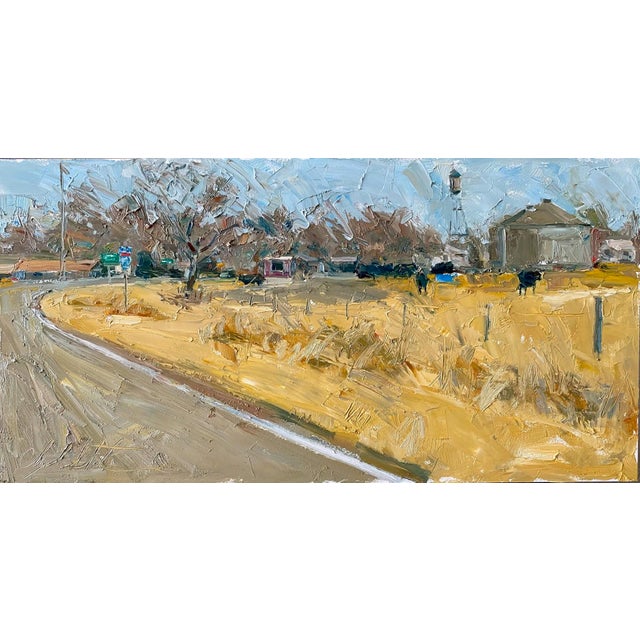 Crook Colorado by Clyde Steadman | Oil Painting of a rural landscape with a road and buildings For Sale