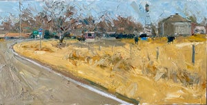 Crook Colorado by Clyde Steadman | Oil Painting of a rural landscape with a road and buildings