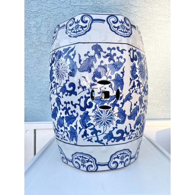 Vintage Late 20th Century Blue & White Chinese Garden Stool For Sale - Image 4 of 6