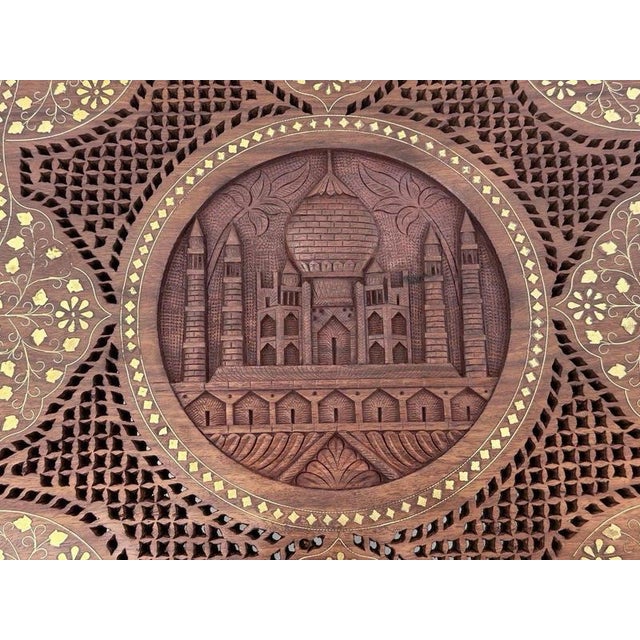 Anglo-Indian Rosewood Taj Mahal Carved and Brass Inlaid Side Tables, Set of 2 For Sale - Image 4 of 6