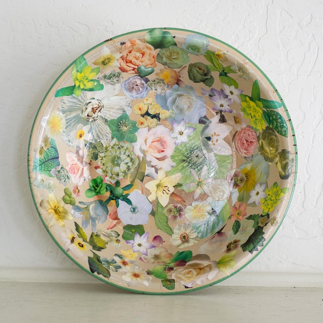 Metal Vintage Floral Decoupage Large Enamelware Bowl For Sale - Image 7 of 12