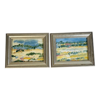 1970s Abstract Landscapes in Silver Frames Pair Signed For Sale