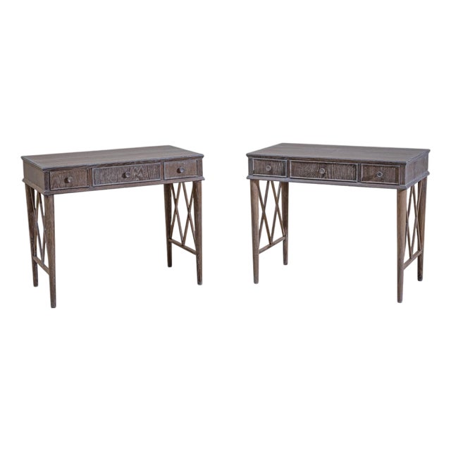 Pair of Mid-Century Modern Desks in Limed Oak, Lattice Design, 1950s For Sale