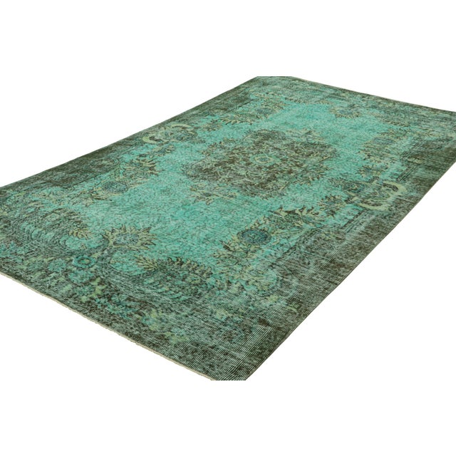 Rug & Kilim Vintage Zeki Müren Rug in Turquoise With Green Floral Medallion | Rug & Kilim For Sale - Image 4 of 7