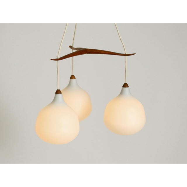 Pendant Lamp with Three Opal Glass Shades and Teak Frame by Uno & Östen Kristiansson for Luxus Vittsjö, Sweden, 1957 For Sale - Image 11 of 17