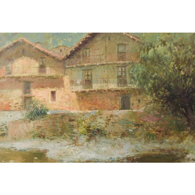 Palau Junca, Impressionist Painting with River and Chalets, Oil on Canvas, Framed For Sale - Image 4 of 16