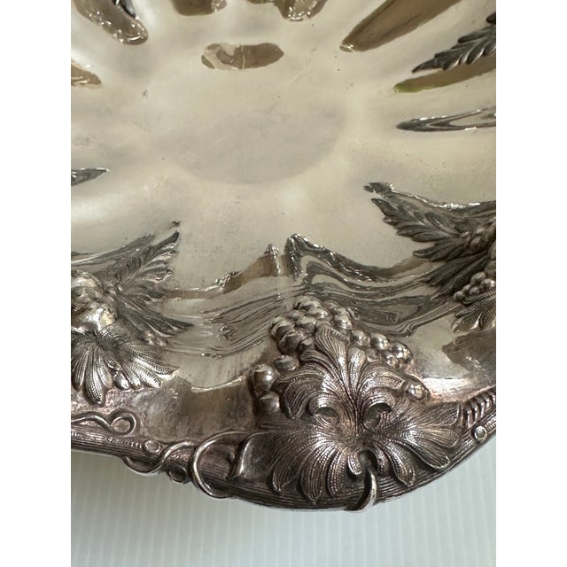 Art Nouveau Vintage 11" Extra Silver Plated Bride's Basket With Swing Handle Grapes Motif For Sale - Image 3 of 18