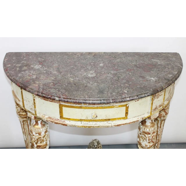 French 19th Century Louis XVI Style Painted and Parcel-Gilt-Demi-Lune Console Table For Sale - Image 3 of 7