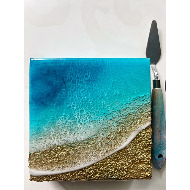 Abstract Calm Waters by Ana Hefco | Mixed Media on wood panel Abstract beach scene with blue water and sand. For Sale - Image 3 of 5