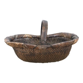 Vintage Woven Farmers Basket With Handle For Sale