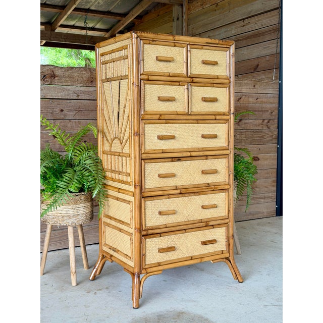 Vintage Rising Sun Rattan & Woven Lingerie Chest – Seven Drawer Tall Chest For Sale - Image 10 of 12