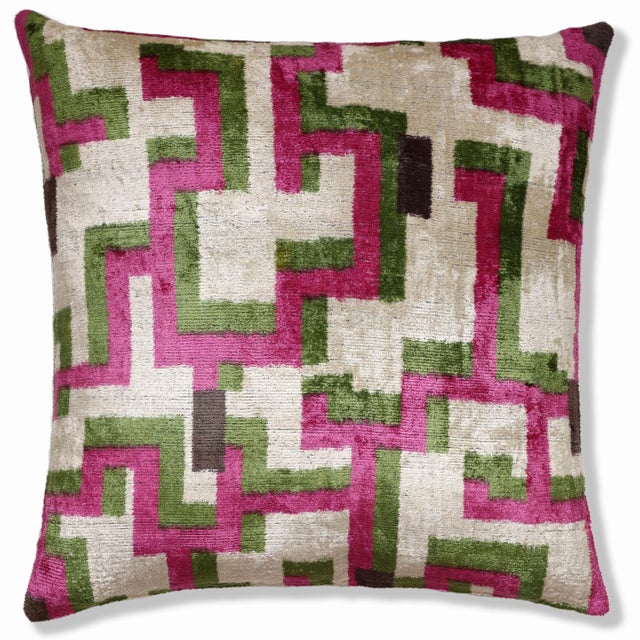 Modern Geometric Silk Velvet Pillow 20x20 | Handmade Pink & Green Designer Cushion For Sale - Image 4 of 8