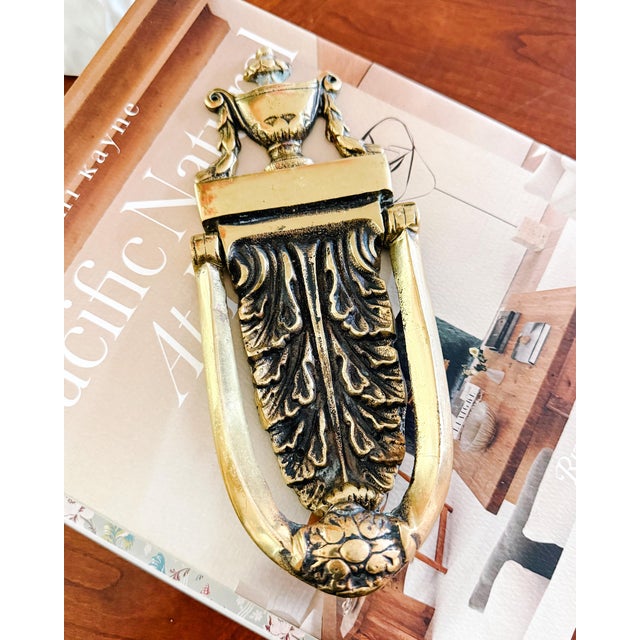 Vintage Neoclassical Solid Brass Urn & Acanthus Leaf Door Knocker For Sale In San Diego - Image 6 of 6