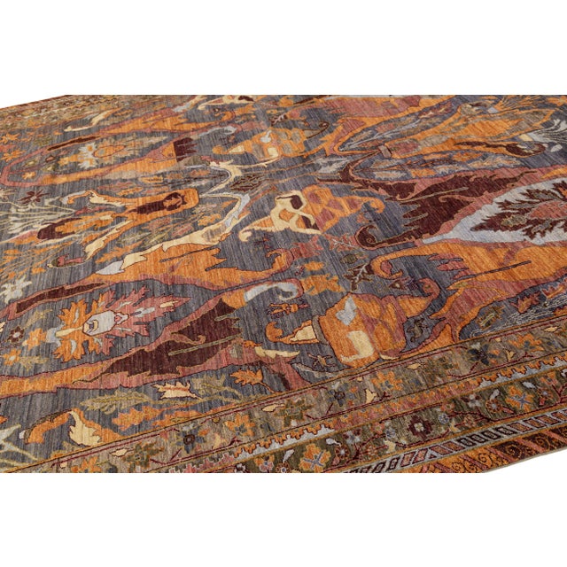 10x14 Modern Bidjar Style Abstract Floral Wool Area Rug in Slate & Burnt Orange For Sale In New York - Image 6 of 11