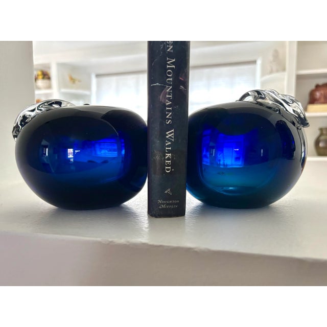 Contemporary Vintage Blue and Amber Glass Apple Shaped Bookends, a Pair For Sale - Image 3 of 9