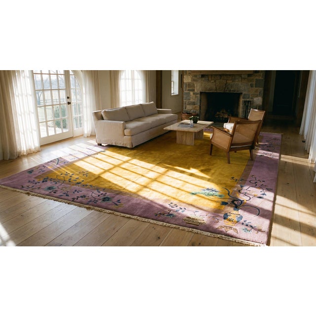 1920s Yellow Saffron Floral Minimalist Antique Chinese Art Deco Carpet 9' X 11' 6'' by Nichols Workshop Rug For Sale - Image 10 of 11
