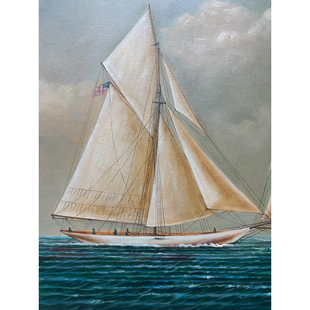 Schooner Yacht Racing Sailing Seascape Oil Painting on Canvas, Unstretched, by D. Tayler For Sale - Image 6 of 7