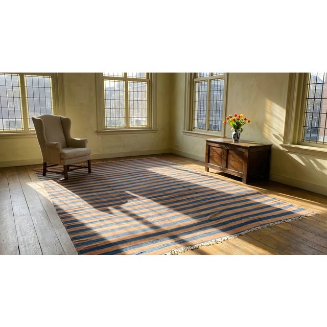 1920s Apricot Blue Stripe Antique Indian Cotton Dhurrie Carpet 9'7" X 15'3" Flatweave Wool Rug For Sale - Image 14 of 15