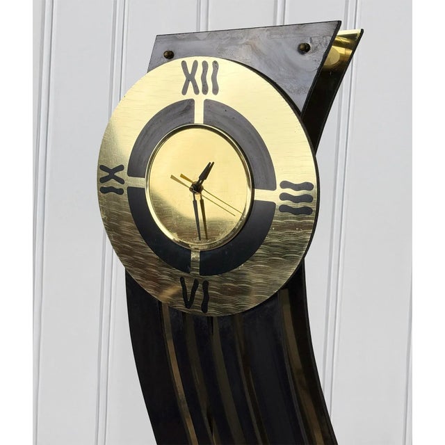 Metal Vintage Art Deco Black & Gold Waved Freestanding Clock by Aquarius For Sale - Image 7 of 11