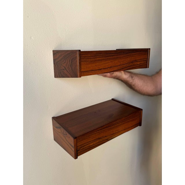 Mid-Century Modern 1960s Mid Century Danish Rosewood Floating Nightstands Wall Mounted, A Pair For Sale - Image 3 of 10