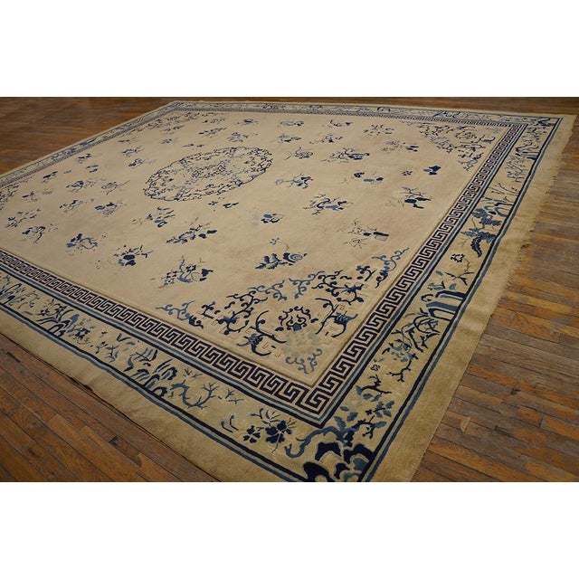Chinese 1890s Beige Floral Antique Chinese Peking Rug 11' 9" X 14' 8" Handknotted Wool Carpet For Sale - Image 3 of 10