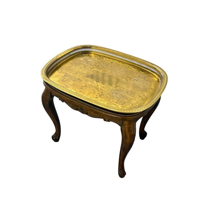 Queen Anne Vintage Wood Queen Anne Style Table With Removable Brass Tray For Sale - Image 3 of 9