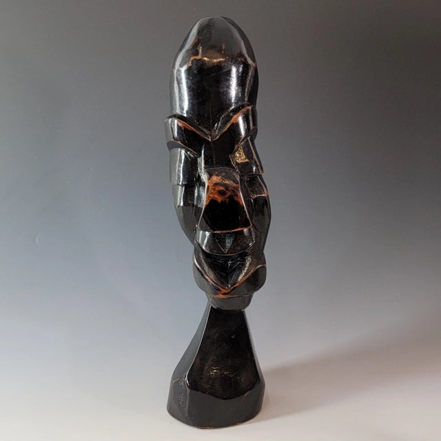 Wood Abstract Hand Carved Ebony Wood Bust Sculpture, African Tribal Brutalist Modern For Sale - Image 7 of 11