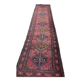 Antique Heriz Runner in Pink, Peacock Teal, Cantaloup, & Dirty Olive Rug 3.3 x 14 For Sale