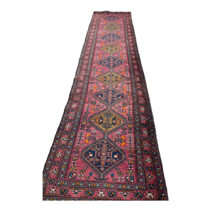Antique Heriz Runner in Pink, Peacock Teal, Cantaloup, & Dirty Olive Rug 3.3 x 14