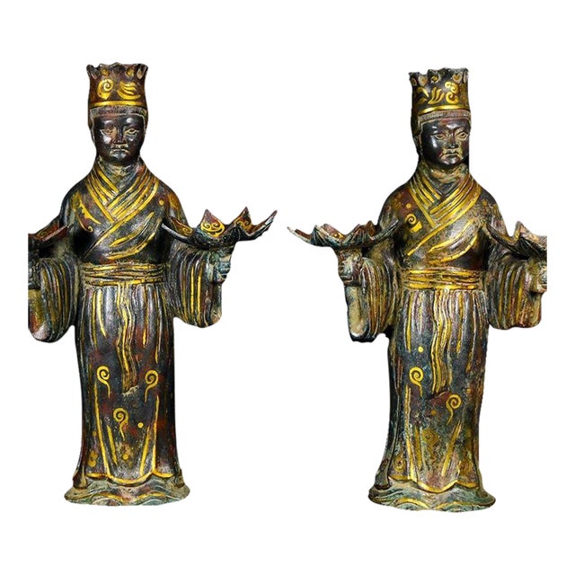 Pair of Chinese Gilt Bronze Figural Lamp Holders - 13" Tall For Sale