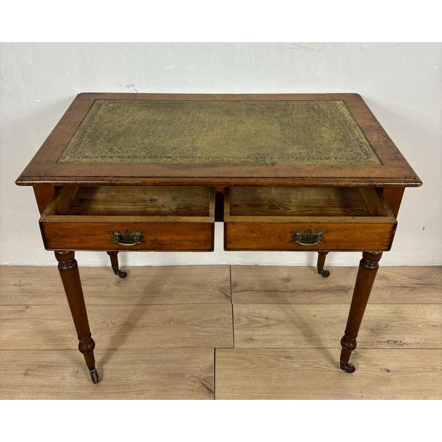 Metal Antique English Style Wooden Writing Table with Leather Top and Drawers, 1930s For Sale - Image 7 of 13
