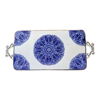 Vintage Chinoiserie Blue and White Ceramic Tray Serving Platter Bombay Company For Sale