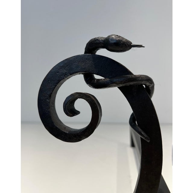 Wrought Iron Andirons With Snakes in the Style of Edgar Brandt - a Pair For Sale - Image 9 of 12