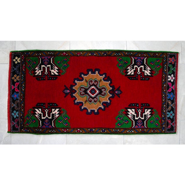 1970s Hand Made Turkish Mat Rug Small Rug Kitchen Mat Organic Wool - 1'11" X 3'10" For Sale - Image 4 of 10
