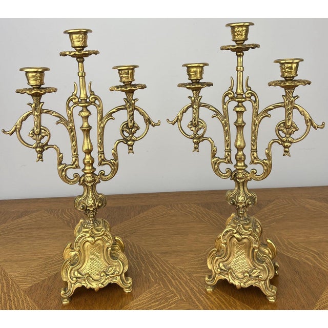 Vintage French Brass Ornate Candleholders, Set of 2 For Sale - Image 13 of 13