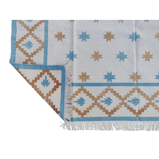Casa Cosima Handmade Cotton Vegetable Dyed White, Sky Blue and Tan Star and Gingham Rug - 8'x10' For Sale - Image 4 of 10
