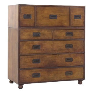 Baker Furniture Walnut Campaign Highboy Dresser For Sale