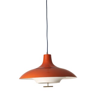 Large Mid-Century Orange Metal Pendant with White Diffuser and Brass Detail, 1960s For Sale