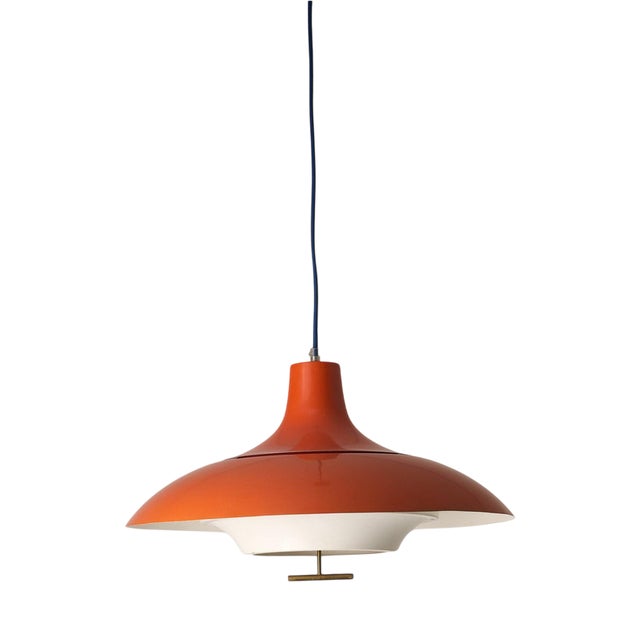Large Mid-Century Orange Metal Pendant with White Diffuser and Brass Detail, 1960s For Sale